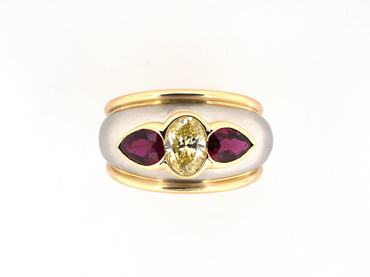 902374 - Oscar Heyman Circa 1980s Platinum Gold GIA Yellow Diamond Ruby Satin Finish Gypsy 3-Stone Ring