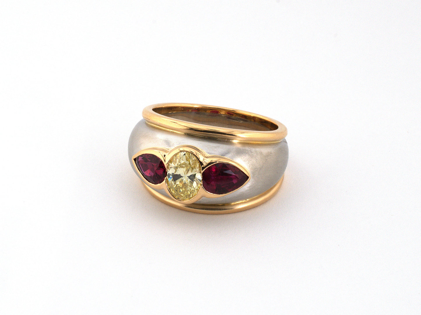 902374 - Oscar Heyman Circa 1980s Platinum Gold GIA Yellow Diamond Ruby Satin Finish Gypsy 3-Stone Ring