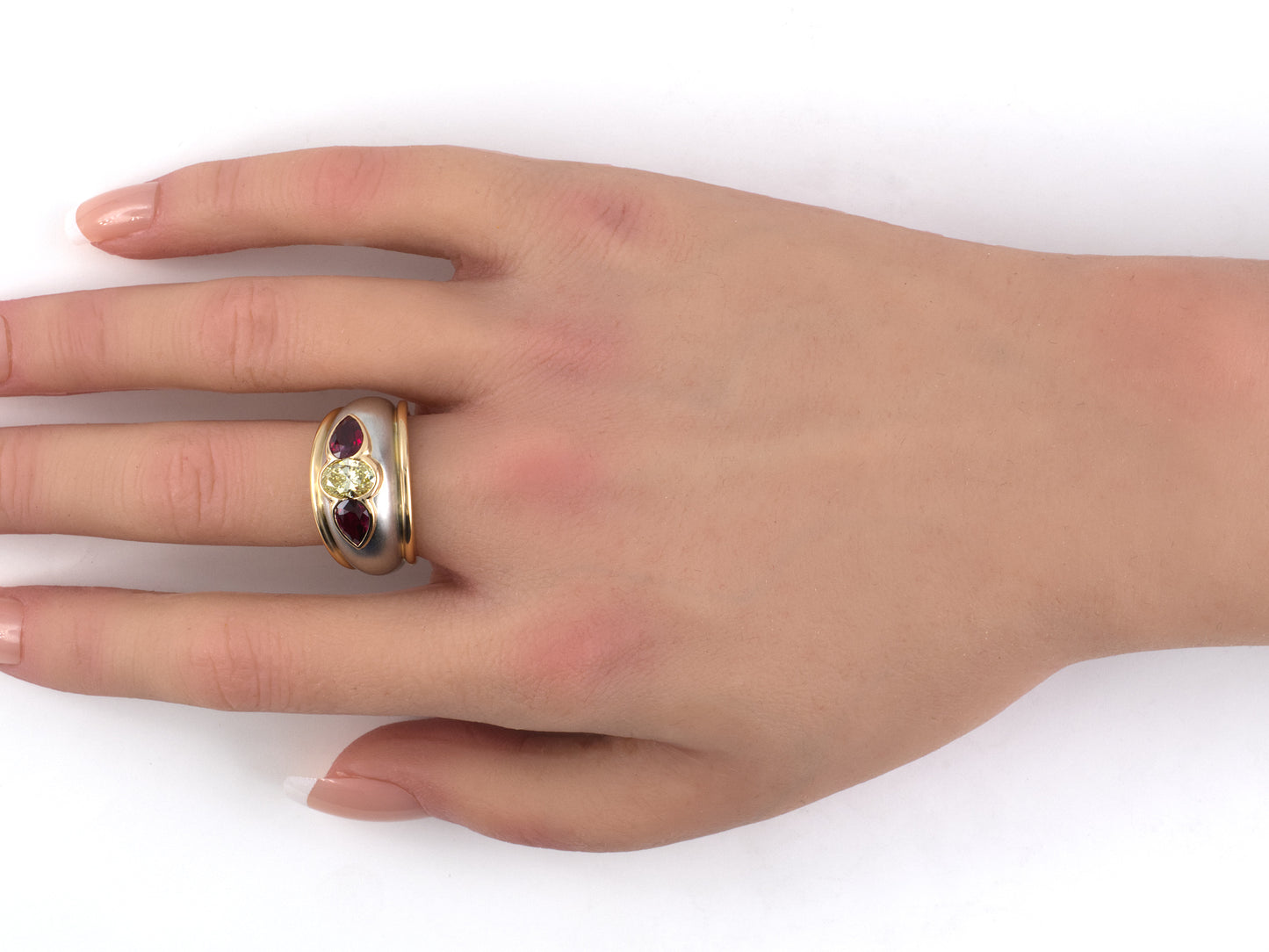 902374 - Oscar Heyman Circa 1980s Platinum Gold GIA Yellow Diamond Ruby Satin Finish Gypsy 3-Stone Ring