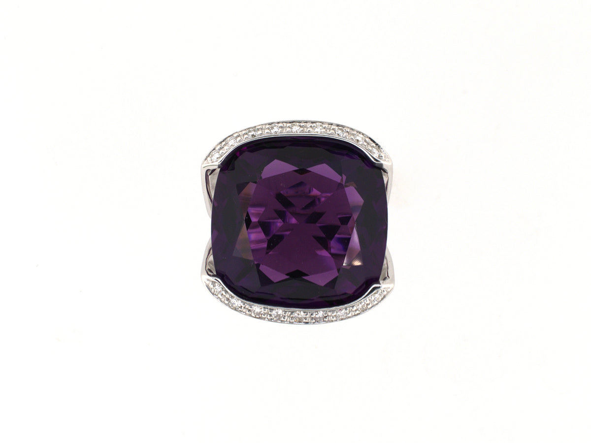 902377 - Leader Line Gold Cushion Amethyst Diamond Cocktail Ring