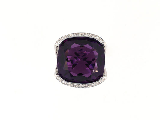 902377 - Leader Line Gold Cushion Amethyst Diamond Cocktail Ring