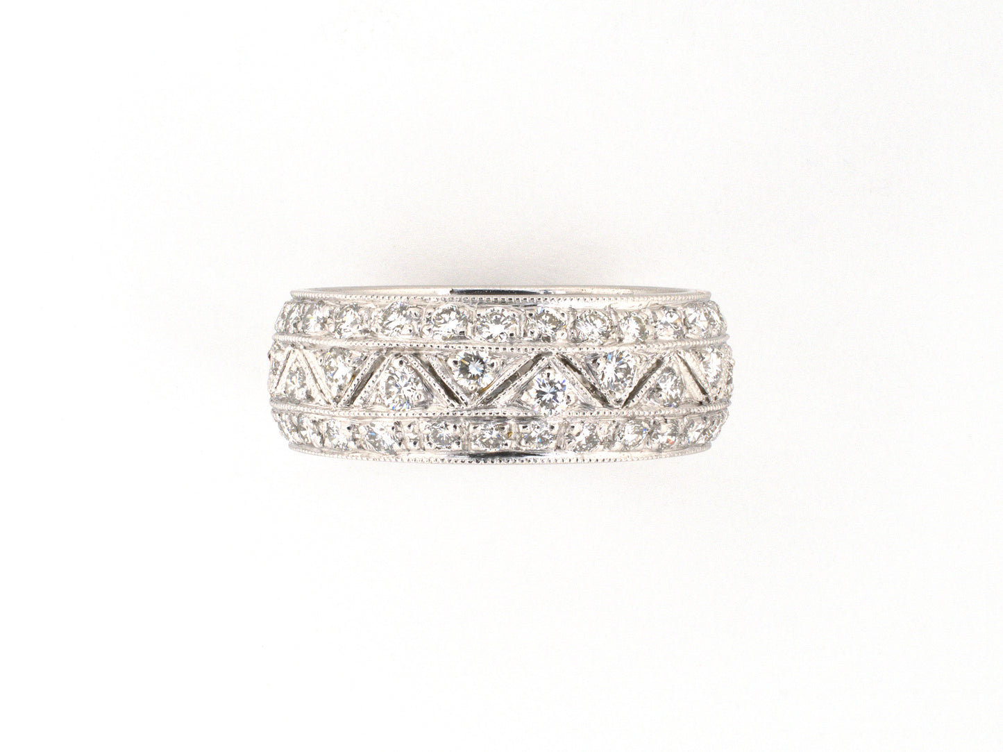 902379 - Platinum Diamond 3-Row Triangular Airline Center Section Wedding-Band Ring