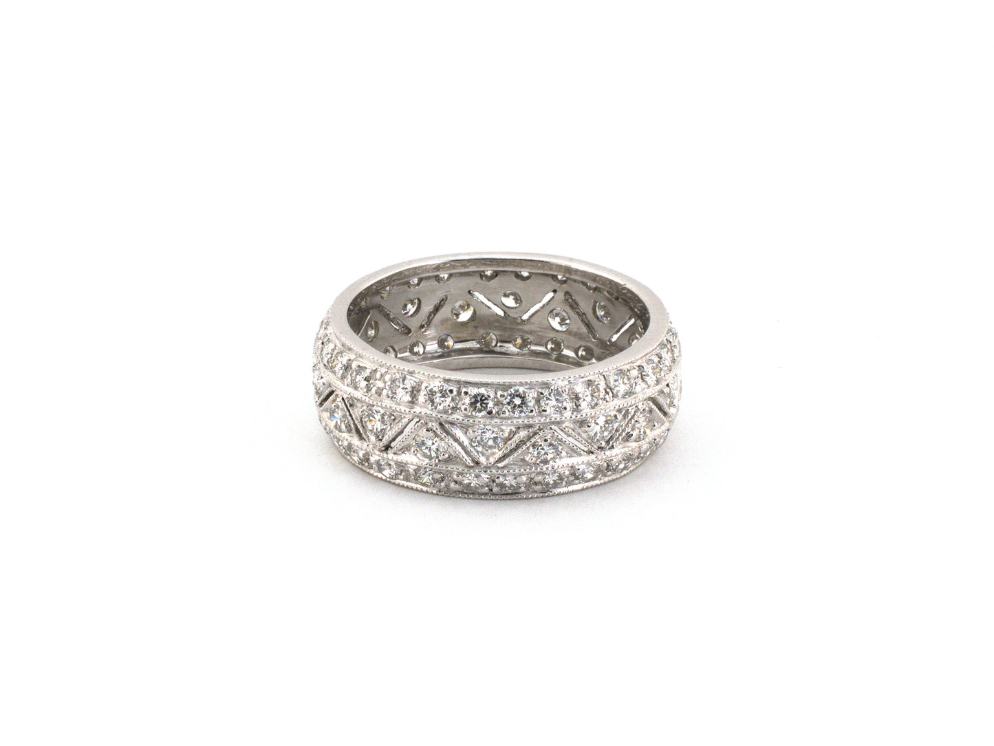 902379 - Platinum Diamond 3-Row Triangular Airline Center Section Wedding-Band Ring