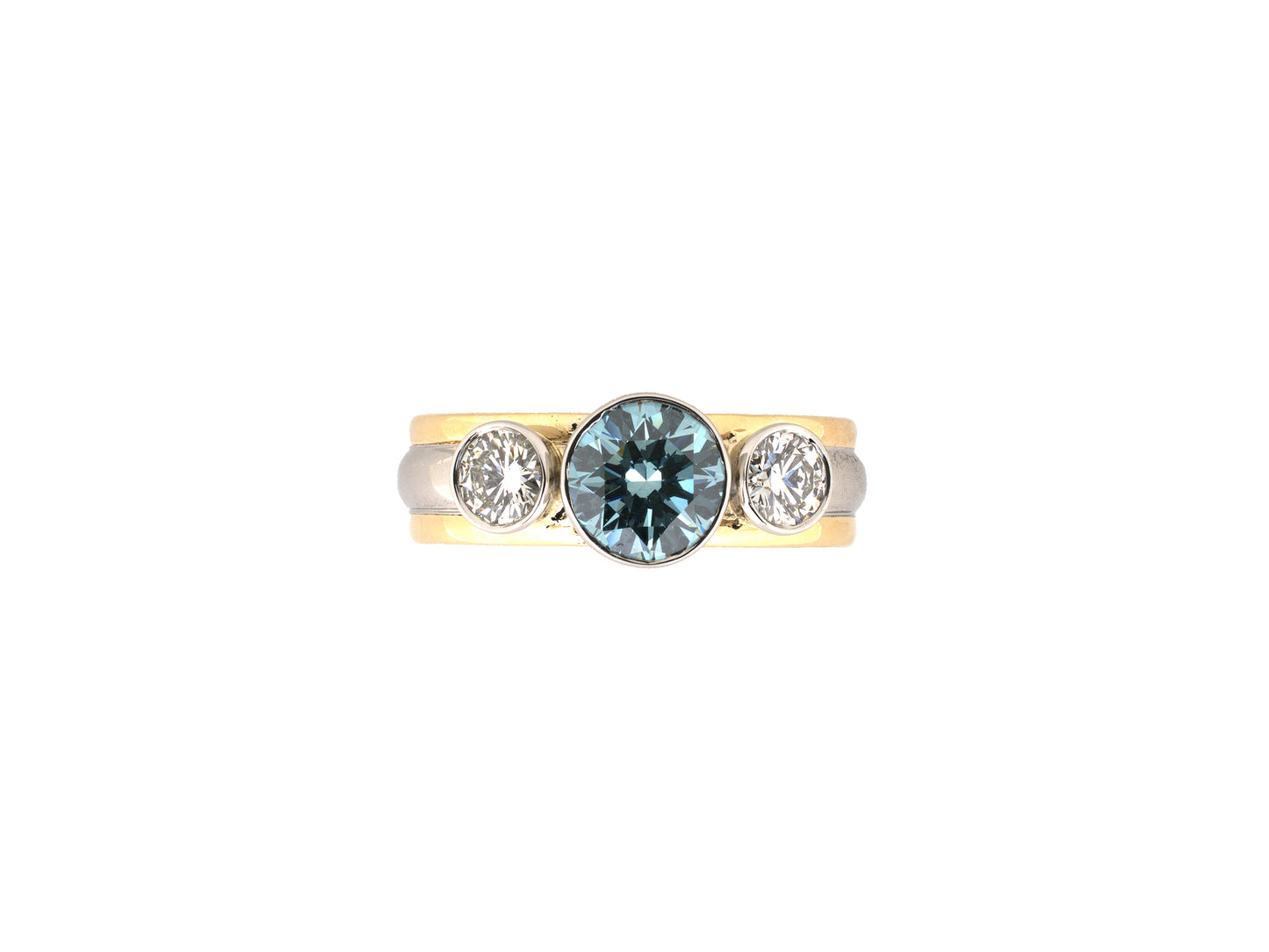 902385 - Platinum Gold GIA Irradiated Blue Green Teal Diamond 3-Stone Ring
