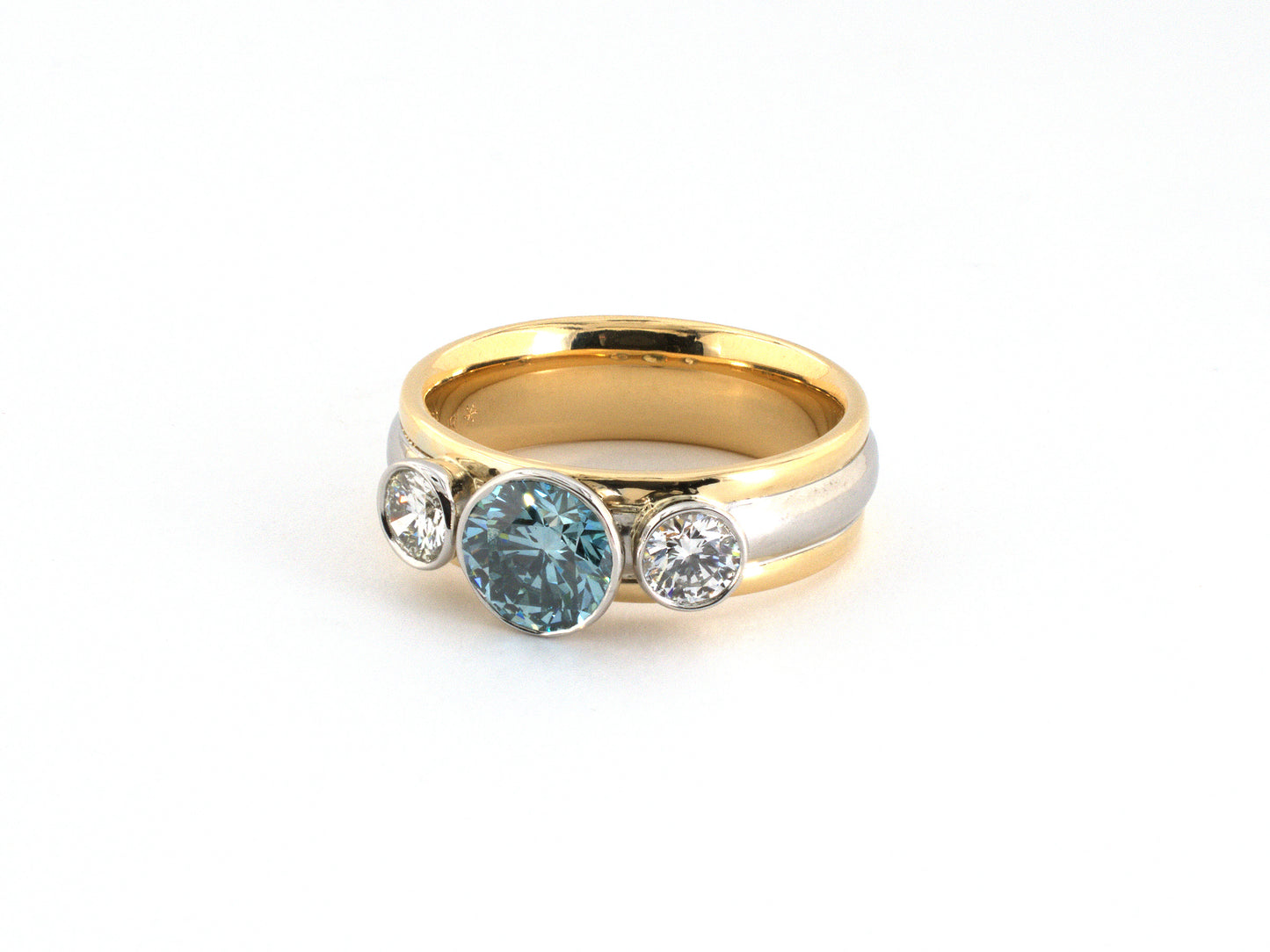 902385 - Platinum Gold GIA Irradiated Blue Green Teal Diamond 3-Stone Ring