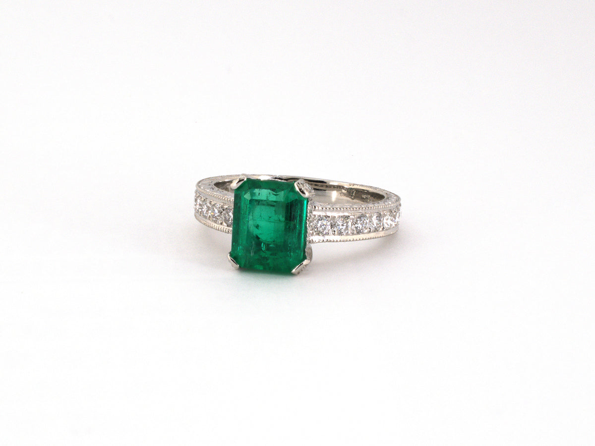 902416 - Platinum Emerald Diamond Chased Engagement Ring