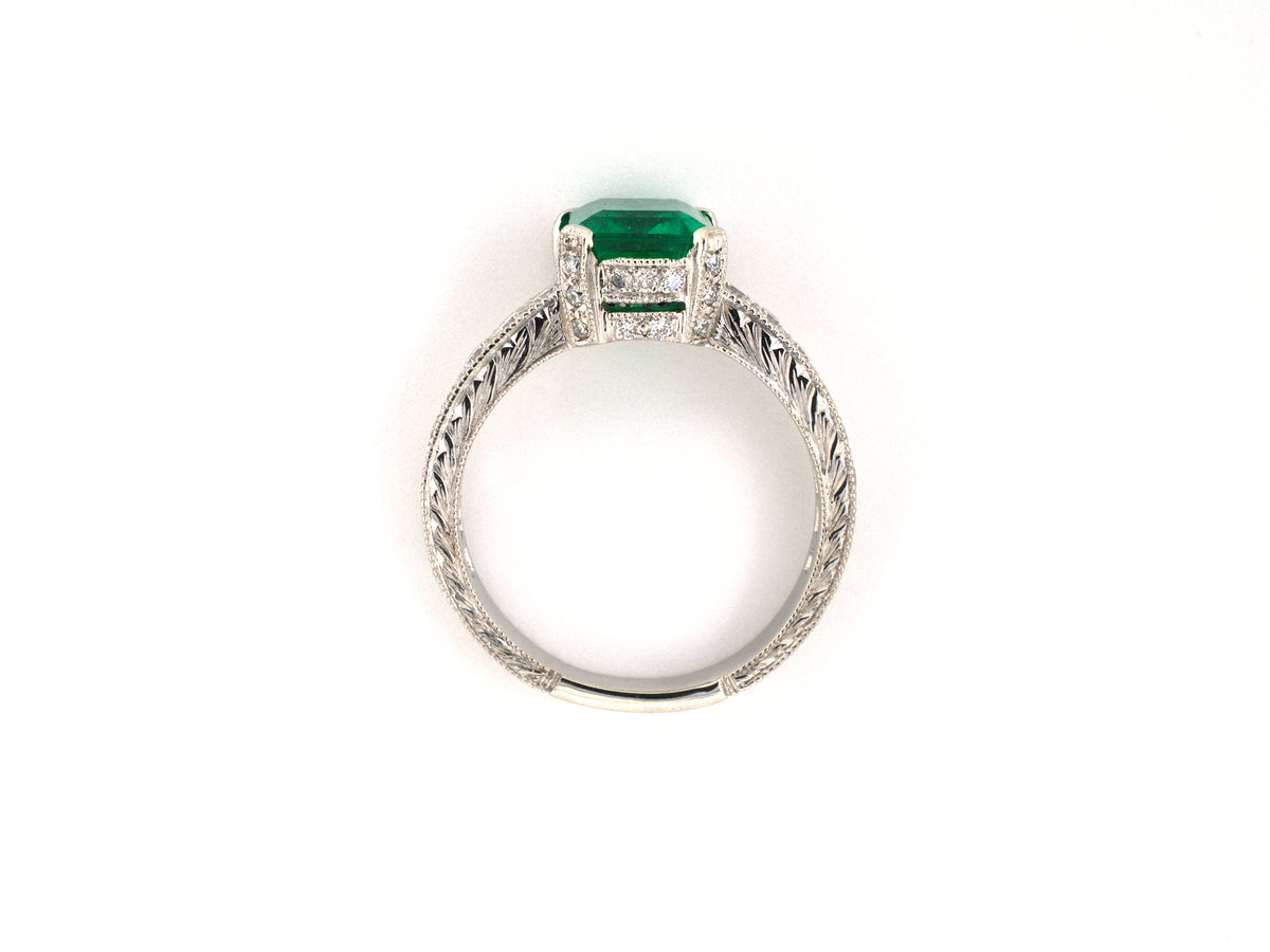 902416 - Platinum Emerald Diamond Chased Engagement Ring