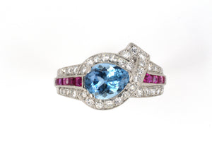 90652 - SOLD - Art Deco Platinum Diamond Ruby Aqua Twist Ring