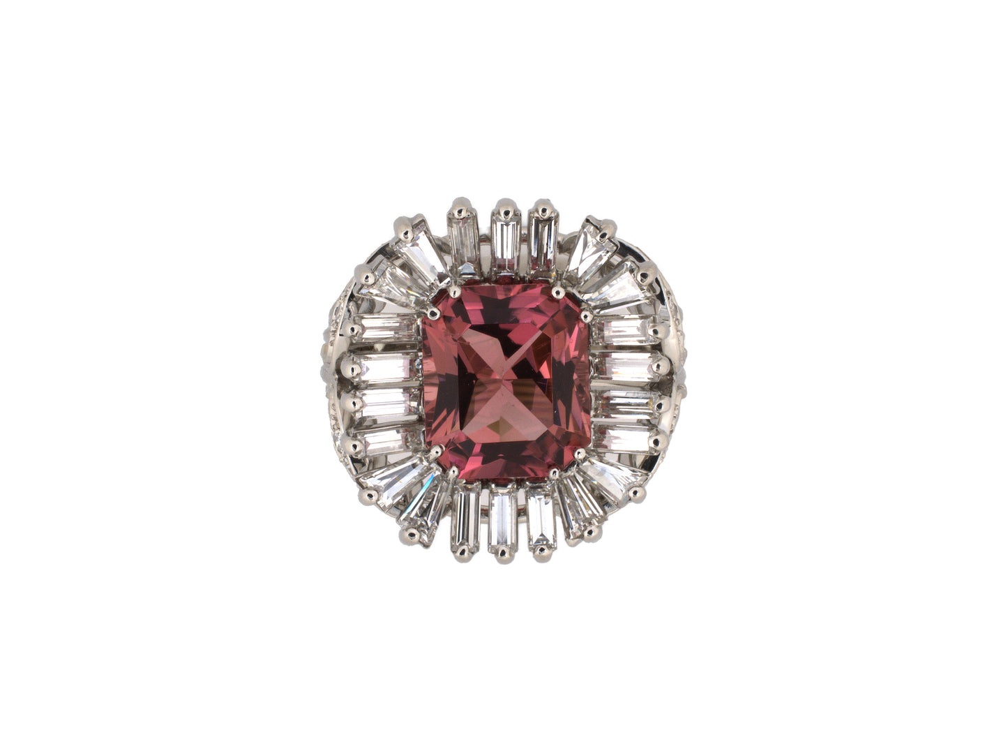 91398 - SOLD - Circa 1950 Platinum Diamond Pink Tourmaline Wire Shank Ring