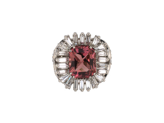 91398 - SOLD - Circa 1950 Platinum Diamond Pink Tourmaline Wire Shank Ring
