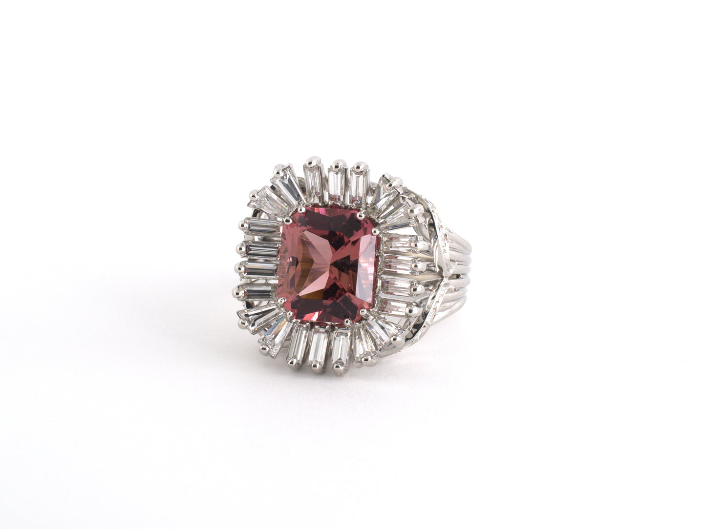 91398 - SOLD - Circa 1950 Platinum Diamond Pink Tourmaline Wire Shank Ring