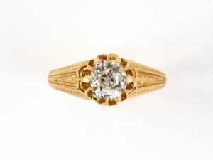 91619 - SOLD - Gold Diamond Antique-Style Carved Chased Scalloped Solitaire Ring