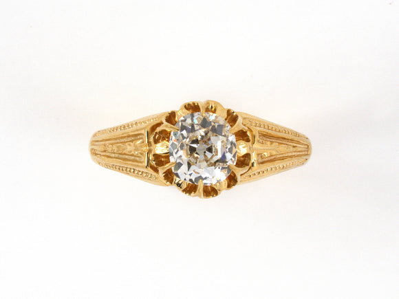 91619 - SOLD - Gold Diamond Antique-Style Carved Chased Scalloped Solitaire Ring