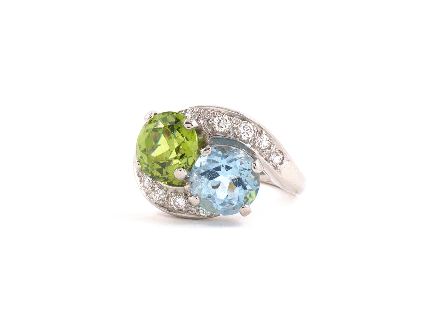 92498 - Circa 1950s Platinum Diamond Peridot Aqua By Pass 2-Stone Ring