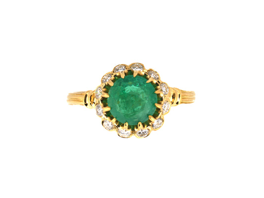 93602 - Gold Emerald Diamond Antique-Style Grooved Shank Cluster Ring