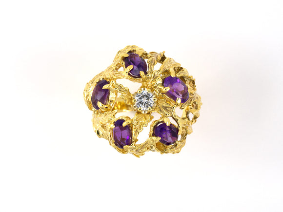 93846 - SOLD - Gold Diamond Amethyst Vine Leaf Ring