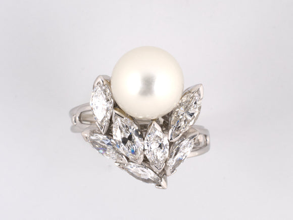 93975 - Circa 1950s Platinum Pearl Diamond Leaf Ring