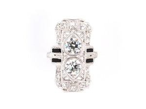 95113 - SOLD - Art Deco Platinum Diamond Black Onyx Filigree Chased 2-Stone Dinner Ring