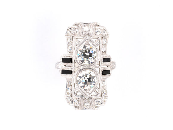 95113 - SOLD - Art Deco Platinum Diamond Black Onyx Filigree Chased 2-Stone Dinner Ring