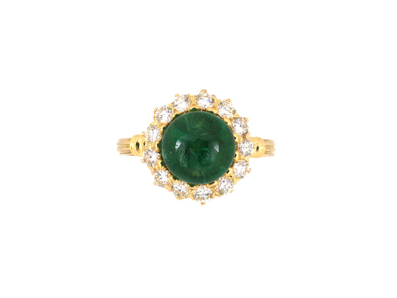 96151 - Gold Cabochon Emerald Diamond Antique-Style Cluster Ring