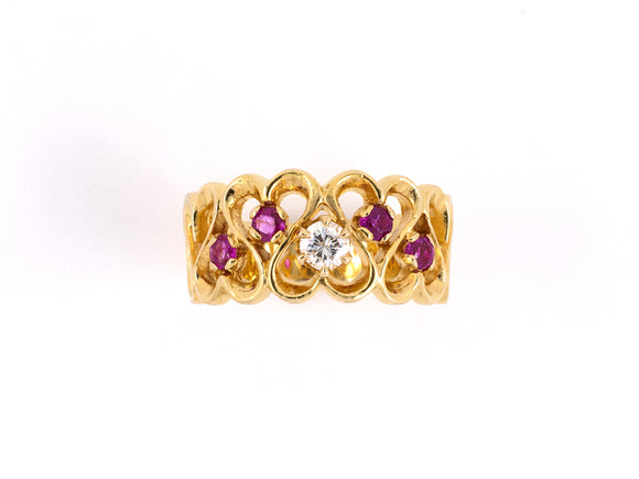 96639 - SOLD - Gold Diamond Ruby Heart Wedding Ring