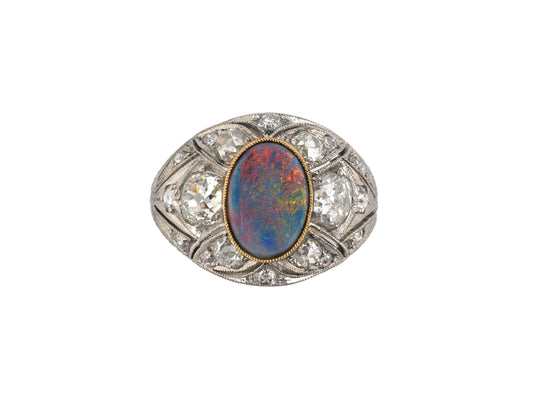 98536 - Platinum Gold Diamond Black Opal Chased Filigree Art Deco Cocktail Ring