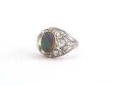 98536 - Platinum Gold Diamond Black Opal Chased Filigree Art Deco Cocktail Ring