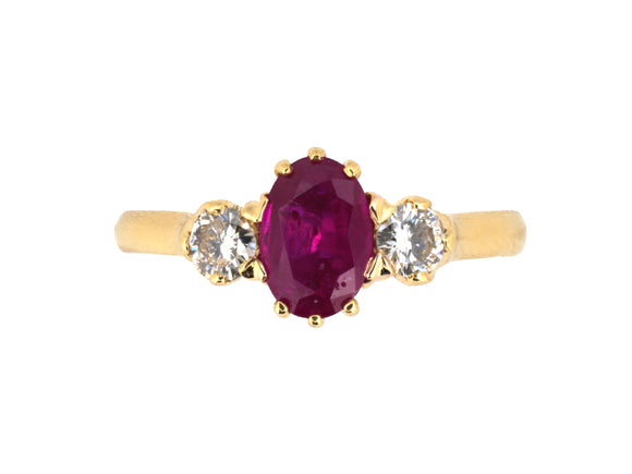 98545 - Gold Burma Ruby Diamond 3-Stone Ring