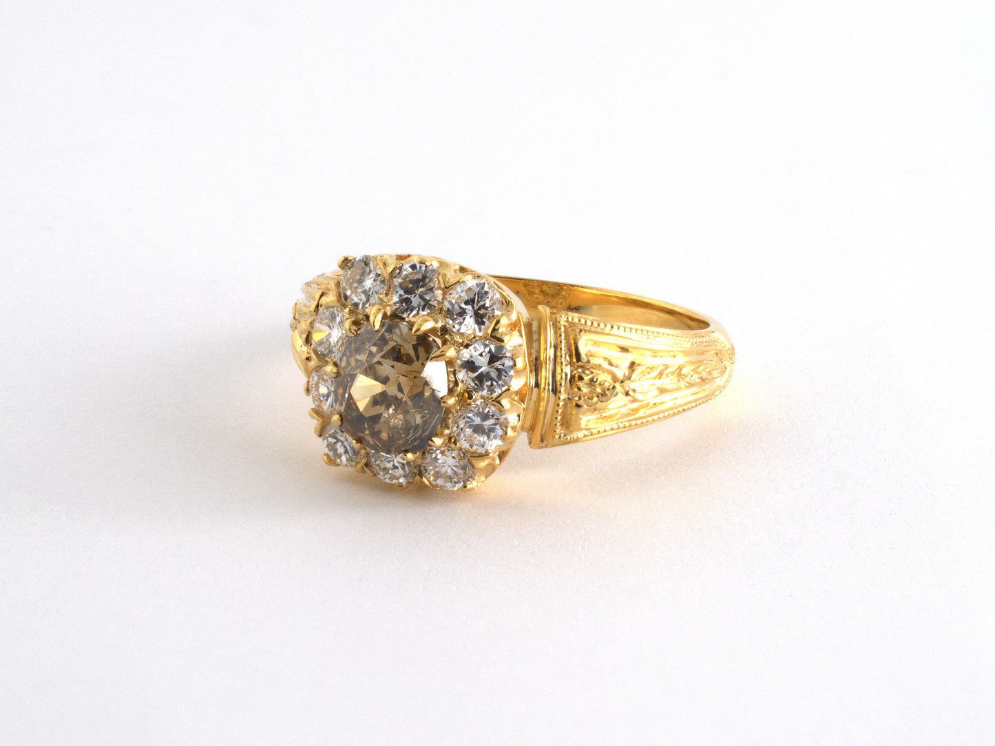 99350 - Gold GIA Yellowish Brown Diamond Carved Shoulder Cluster Repro Antique-Style Ring