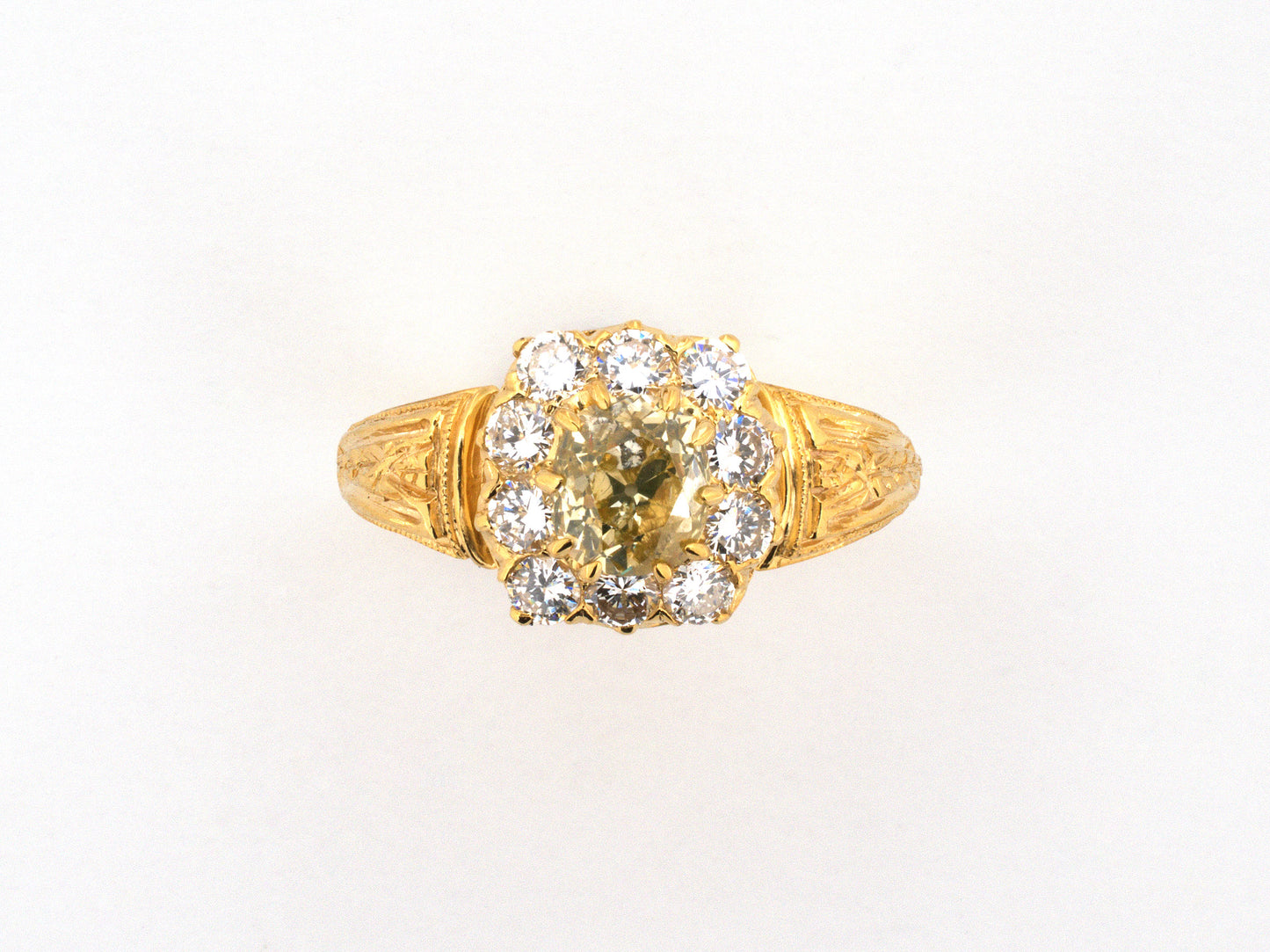 99353 - Gold GIA Brownish Yellow Diamond Carved Shoulder Cluster Repro Antique-Style Ring