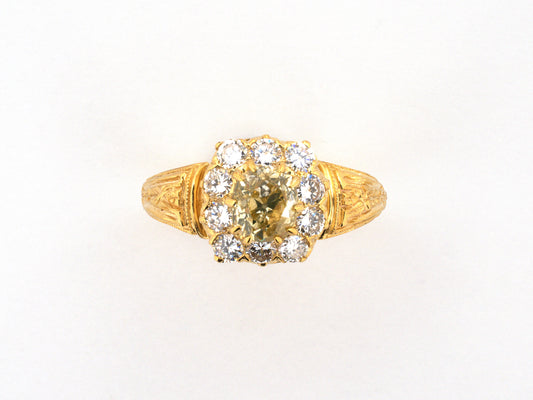 99353 - Gold GIA Brownish Yellow Diamond Carved Shoulder Cluster Repro Antique-Style Ring