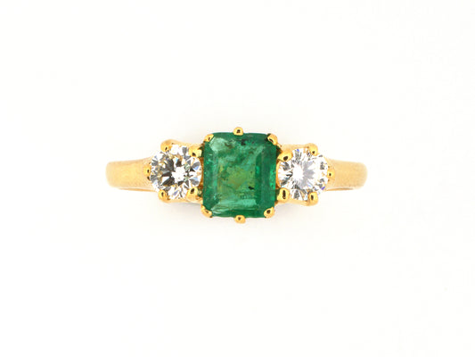 99777 - Gold Emerald Diamond 3-Stone Ring