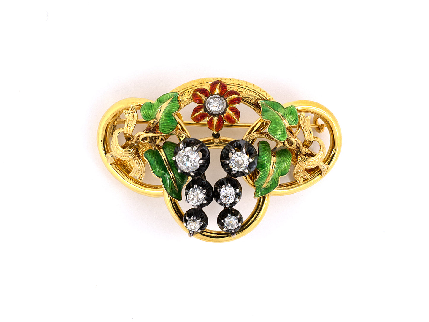 20071 - Victorian Gold Silver Diamond Enamel Flower Pin Pendant