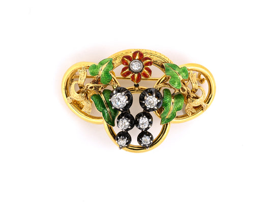 20071 - Victorian Gold Silver Diamond Enamel Flower Pin Pendant
