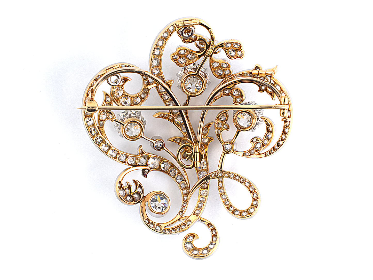 20311 - Edwardian Dreicer & Co Platinum Gold GIA Diamond Foral Scroll Pin Pendant