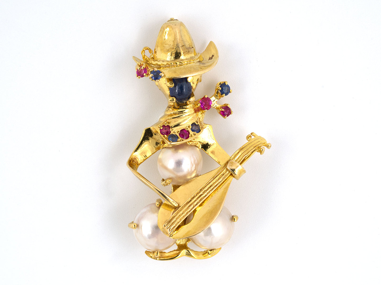 20881 - Circa 1960 Gold Ruby Sapphire Mabe Pearl Guitar Latino Mexican Player Pin
