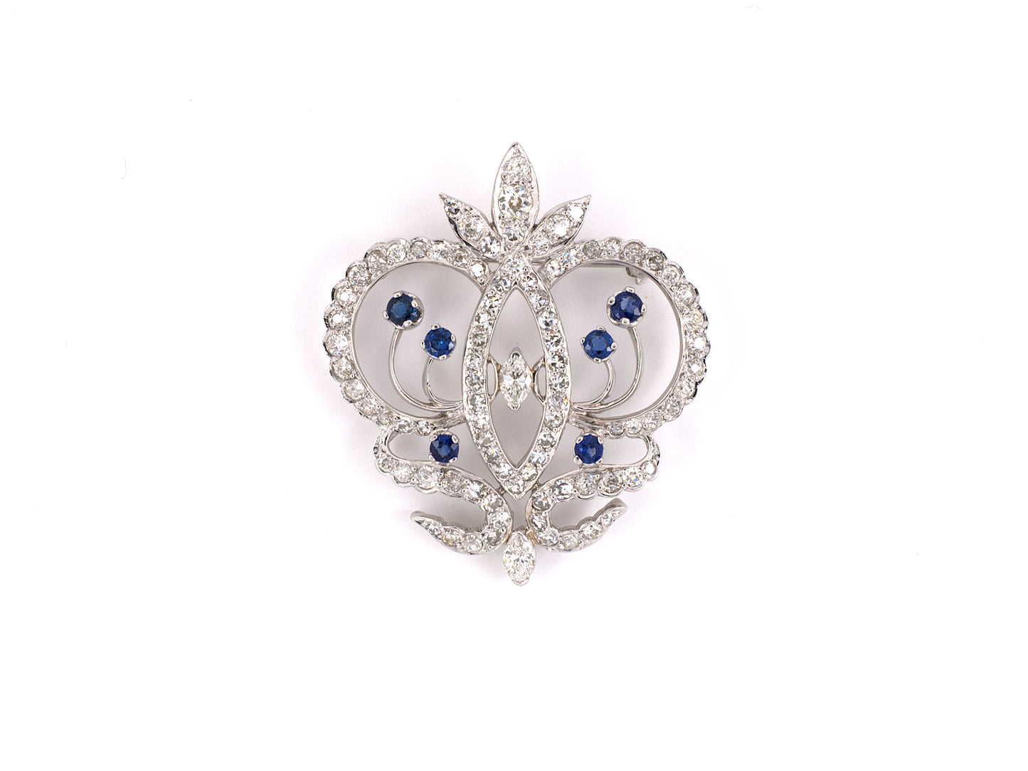 21099 - SOLD - Platinum Diamond Sapphire Scroll Pin Pendant