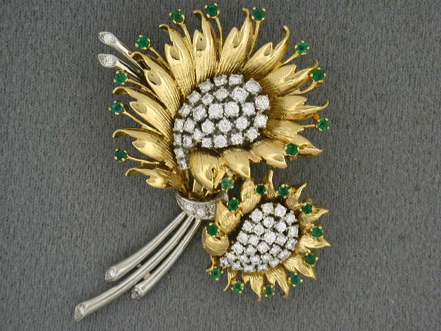 21137 - SOLD - Platinum & Gold Diamond Emerald Pin