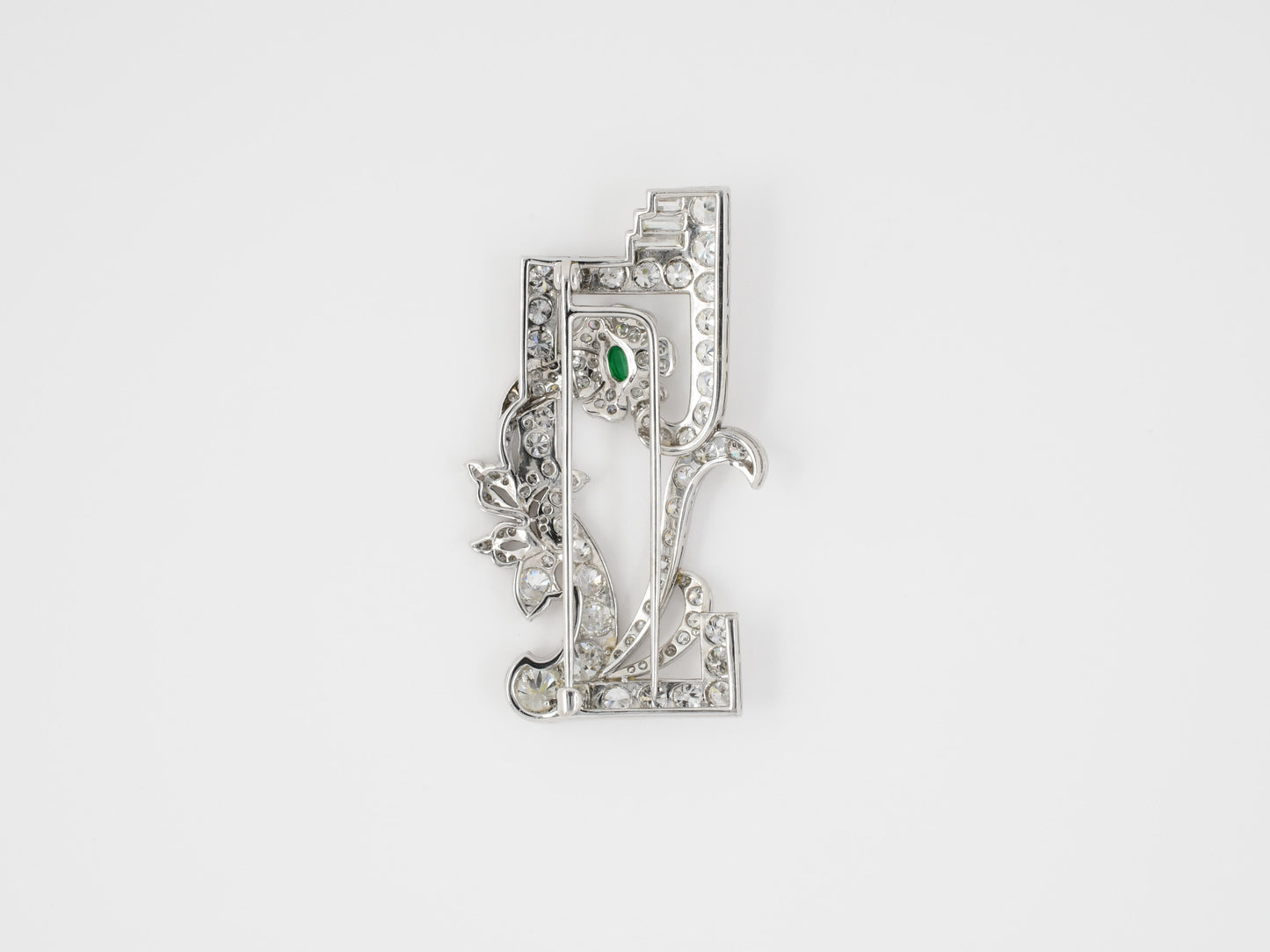 21195 - Art Deco Platinum Diamond Emerald Floral Brooch