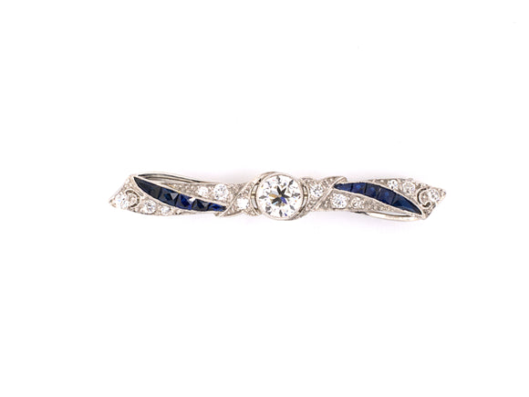 21201 - Art Deco Platinum Diamond Sapphire Ribbon Bow Pin
