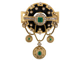 21203 - SOLD - Victorian Gold Black Enamel Emerald Diamond Locket Brooch