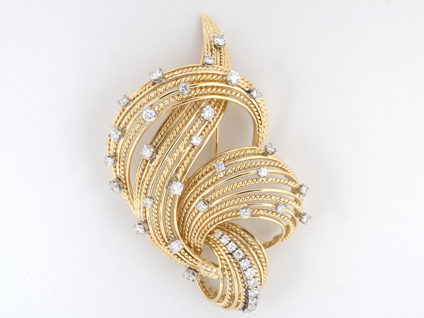 21244 - Gold Platinum Diamond Twisted Rope Ribbon Pin