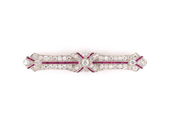 21368 - Art Deco Platinum Diamond Ruby Bar Pin