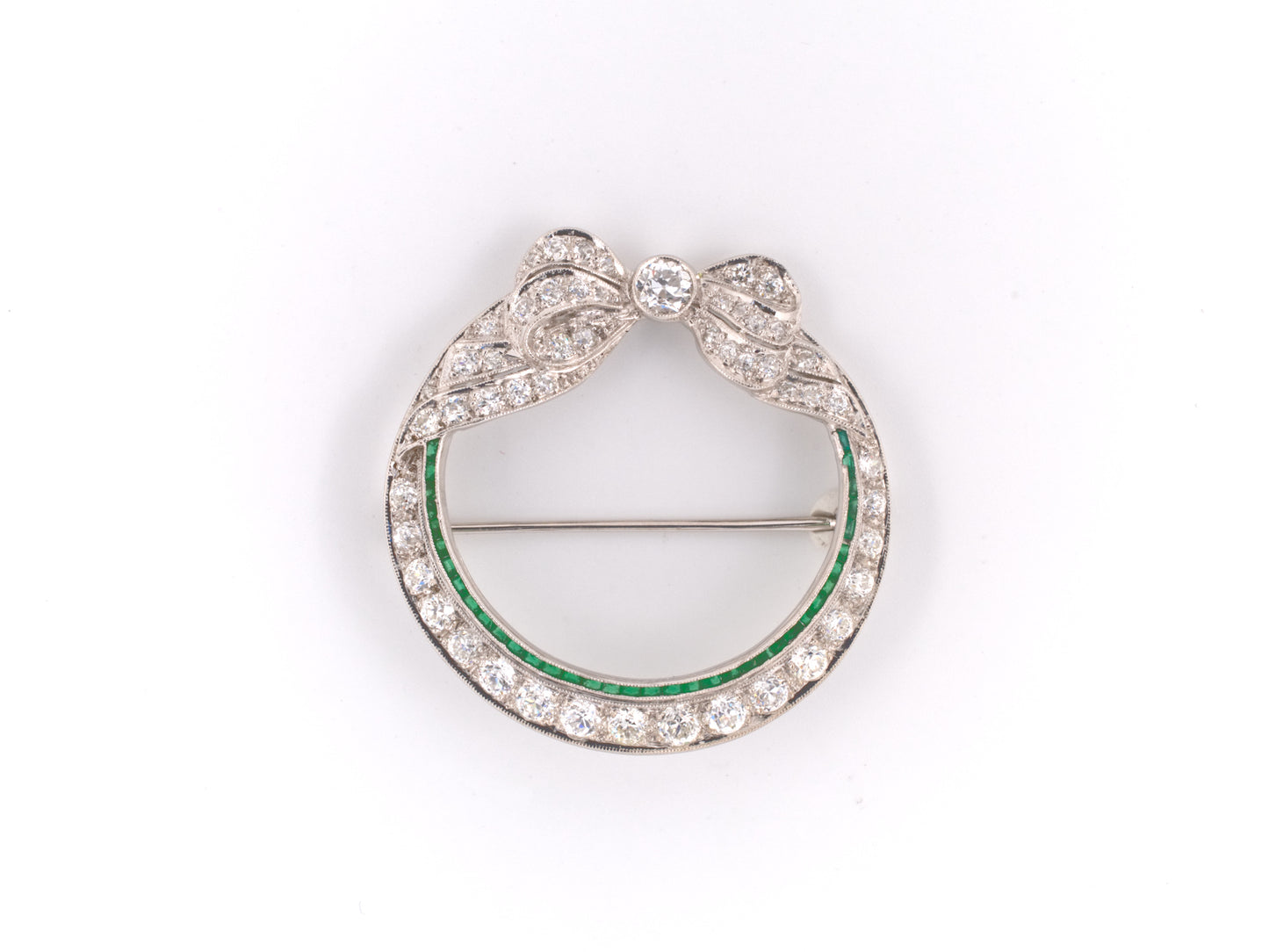 21496 - Art Deco Platinum Diamond Bow Circle Wreath Pin