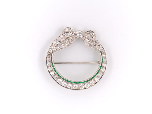 21496 - Art Deco Platinum Diamond Bow Circle Wreath Pin