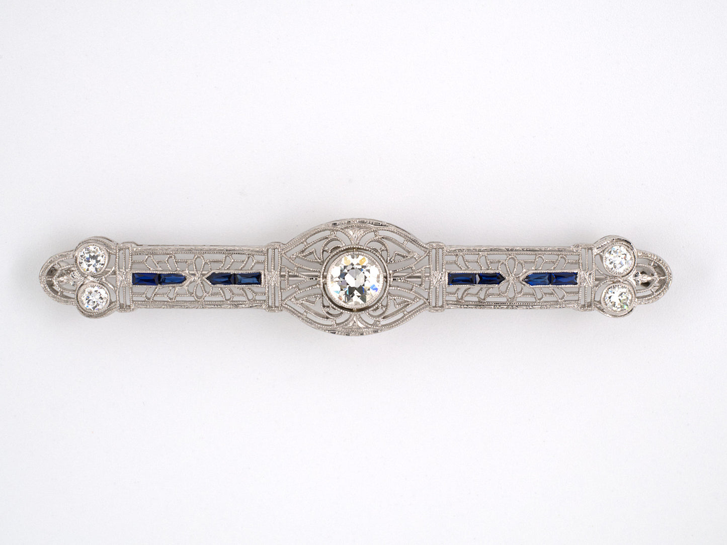 21542 - Art Deco Platinum Gold Diamond Synthetic Sapphire Pin