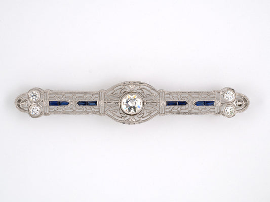 21542 - Art Deco Platinum Gold Diamond Synthetic Sapphire Pin