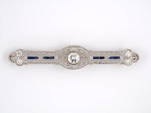 21542 - Art Deco Platinum Gold Diamond Synthetic Sapphire Pin