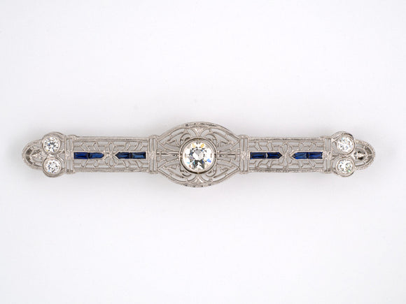 21542 - Art Deco Platinum Gold Diamond Synthetic Sapphire Pin