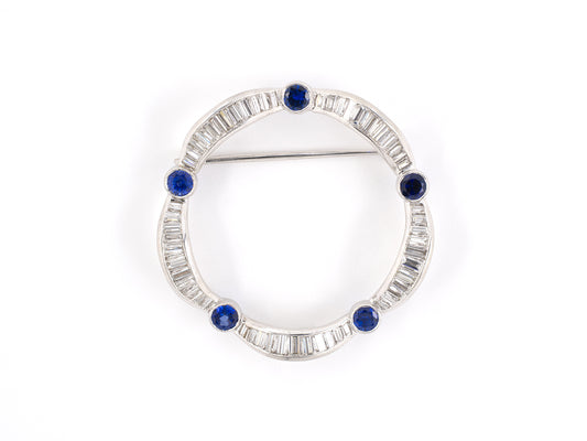 21560 - SOLD - Circa 1950s Platinum Diamond Sapphire Circle Pin